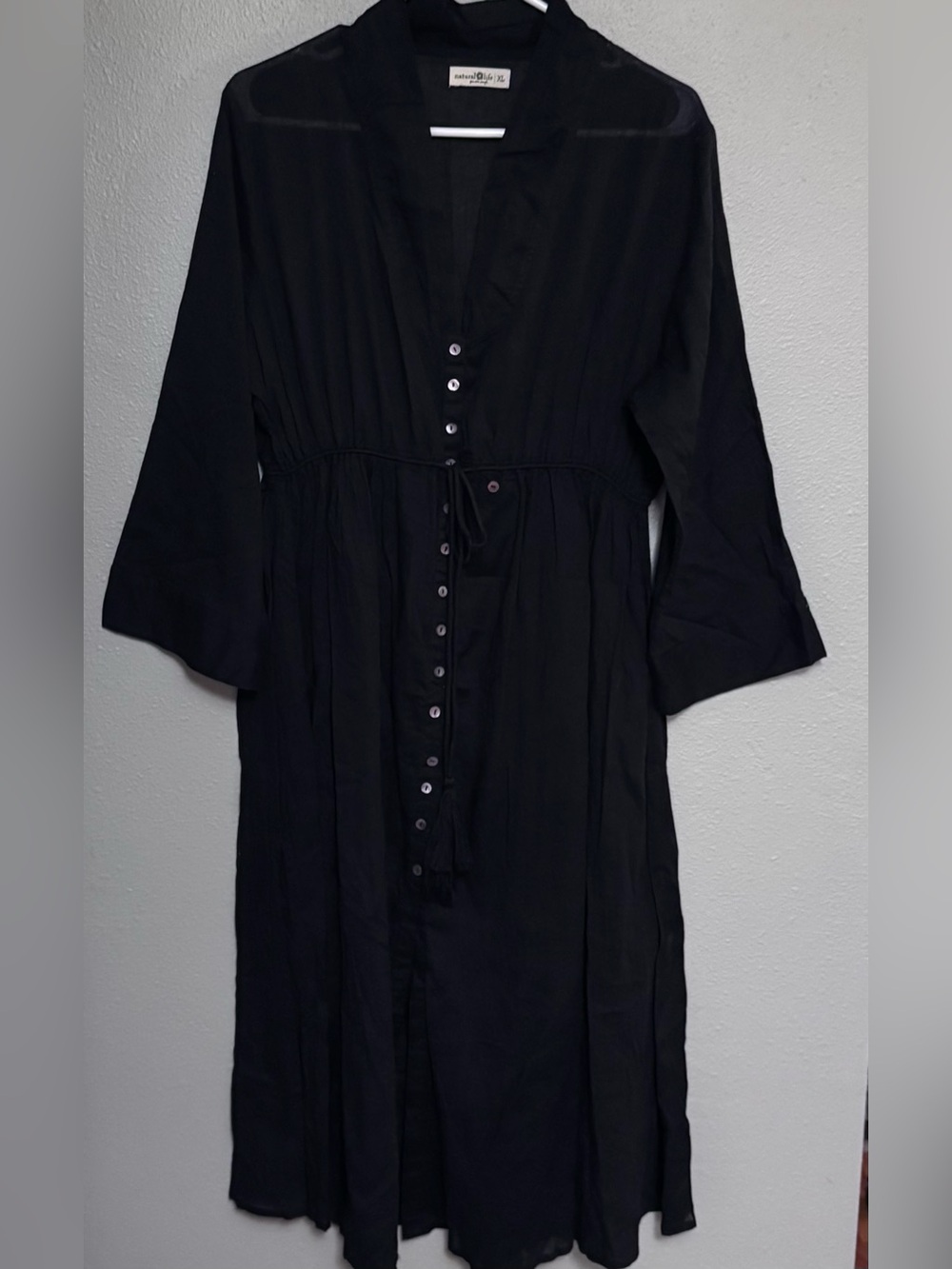 NATURAL LIFE Black 100% Cotton Button-Front Midi Dress with Tie Waist